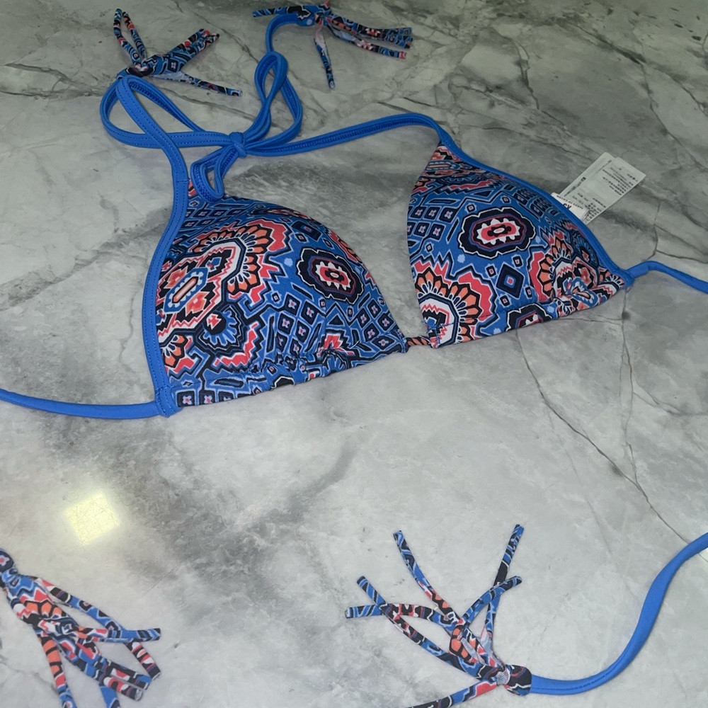 Blue and coral patterned bikini top